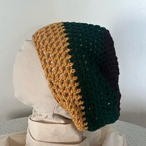 Green, Brown, and Gold Crochet Beanie Tam